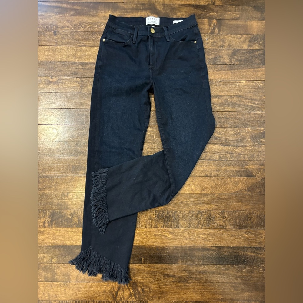 Frame Black Le High Straight Asymmetrical Fringe Hem Cropped Jeans Women’s S26